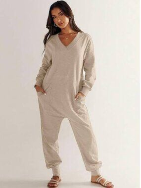 Anrabess Sz. S Khaki Long Sleeve V-neck Dropped Crotch Onsie